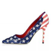 Blue & Red Sequin Sparkling Heels Pointed Toe American Flag Pumps