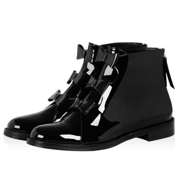 Black Patent Leather Bow Flat Ankle Boots