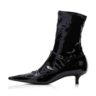 Black Pointed Toe Patent Leather Kitten Heel Buckle Mid-Calf Boots