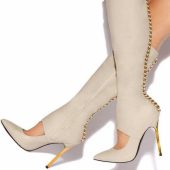 Women's Fashion Cut Out Pointed Toe Chains Knee High Boots in Beige