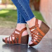 Brown Vintage Wedge Sandals Open Toe Strappy Platform Heels