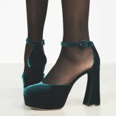 FSJ Green Velvet Round Toe Platform Pumps Ankle Strap Chunky Heels