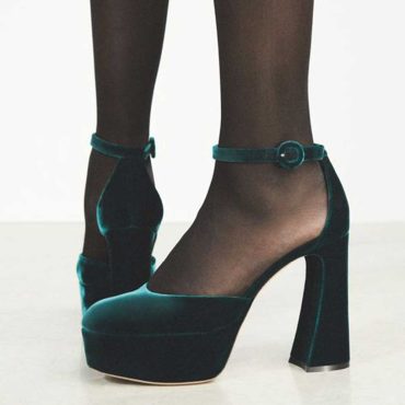 FSJ Green Velvet Round Toe Platform Pumps Ankle Strap Chunky Heels