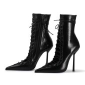 Vintage Pointed Toe Vamp Cut Lace-Up Heeled Booties in Black