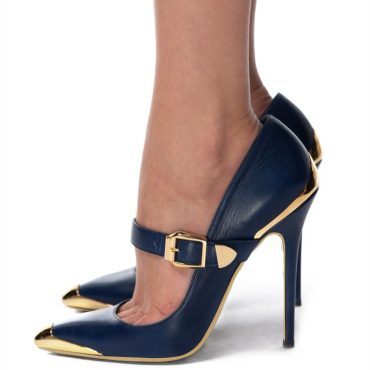Navy & Gold Metal Pointed Toe Stiletto Heels Vintage Mary Jane Pumps