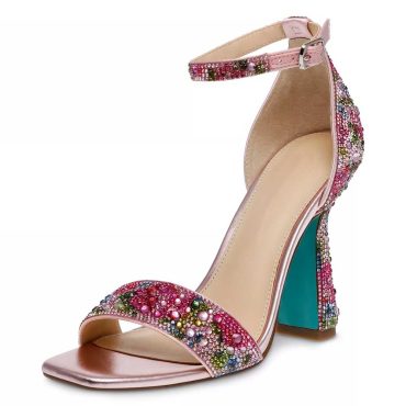Multi Color Rhinestone Open Square Toe Ankle Strap Heeled Sandals