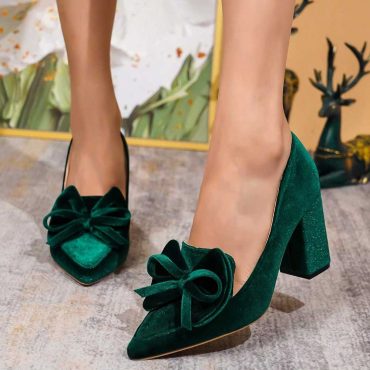Green Velvet Pointy Toe Double Bow Loafer Heels for Women
