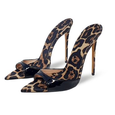 Black Patent Leather Animal Print Pointy Toe Heeled Mules Sandals