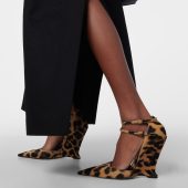 Brown Pointed Toe Leopard Print Shoes Ankle Strap Wedge Pumps