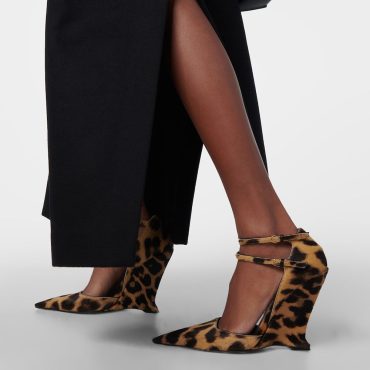 Brown Pointed Toe Leopard Print Shoes Ankle Strap Wedge Pumps