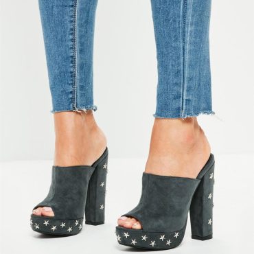 Grey Vegan Suede Peep Toe Star-Studs Heeled Mules with Platform