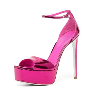 Metallic Square Toe Stiletto Heel Platform Sandals in Fuchsia