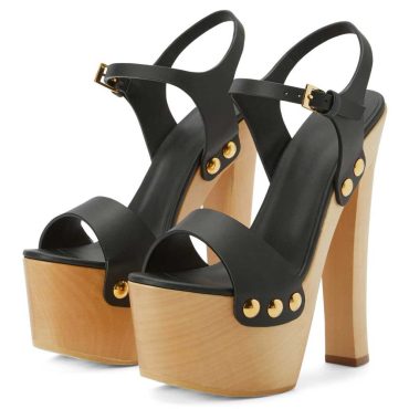 Black & Beige Studded Buckled Clog Heels Platform Sandals for Women