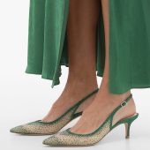 Green Vegan Suede & Mesh Rhinestone Slingback Pumps with Kitten Heel
