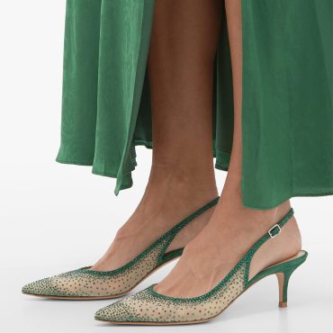 Green Vegan Suede & Mesh Rhinestone Slingback Pumps with Kitten Heel