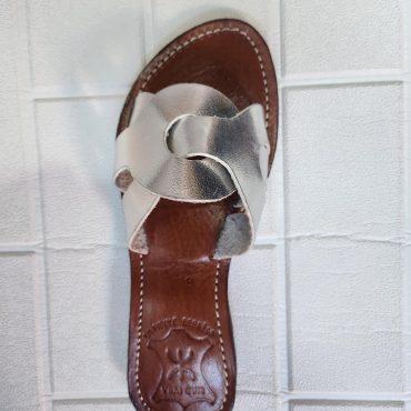 Handmade Moroccan Silver-tone Leather Sandals For Women – Hstyle Slip On Flats – Brown Sole Summer Slides – Boho Leather Slippers