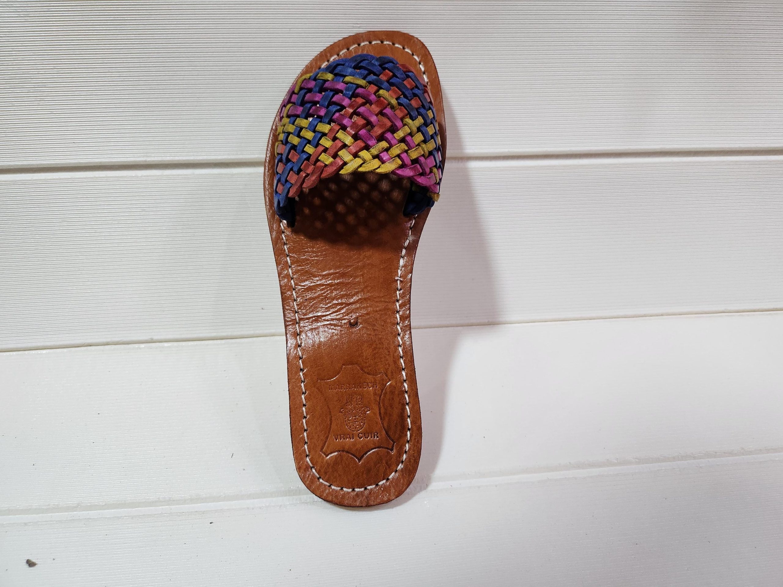 Handmade Moroccan Leather Sandals For Women – Vrai Cuir Marrakech – Colorful Woven Strap – Boho Summer Slides – Artisan Leather Shoes